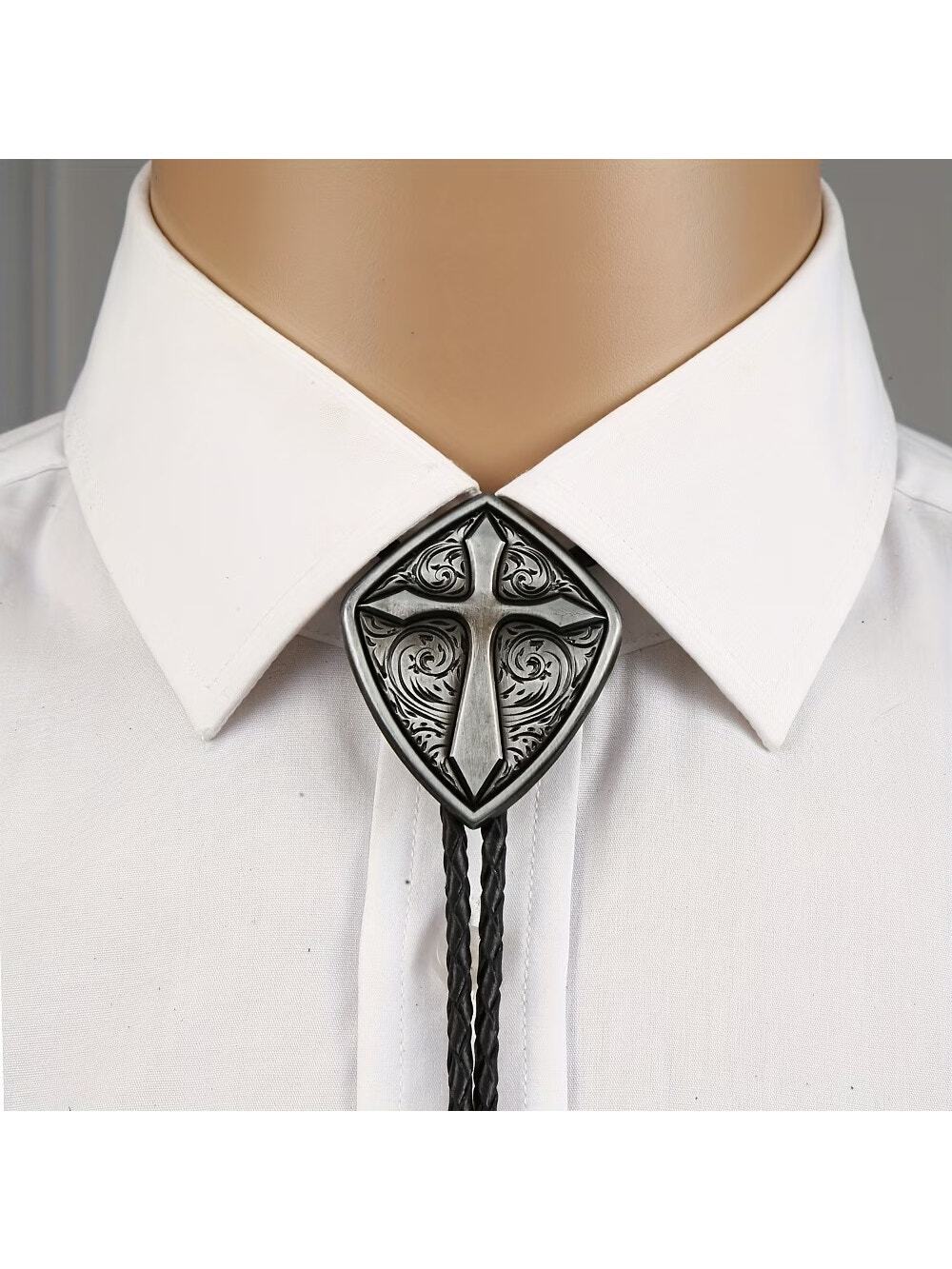 Silver Tone Metal Christian Cross Preacher Stye Texas Cowboy Western Bollo Tie